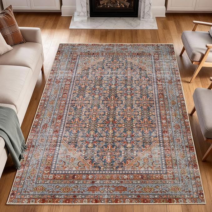 Kuden 8x10 Large Area Rug, Machine Washable Area Rug with Non-Slip Backing, Vintage Style, Soft, Easy Clean, Low Pile Rug for Living Room, Bedroom, Dining Room