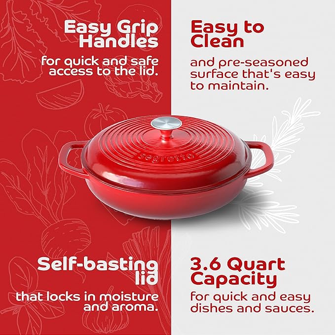 Segretto Cookware Enameled Cast Iron Braiser, 3.6 Quarts, 30cm, Red
