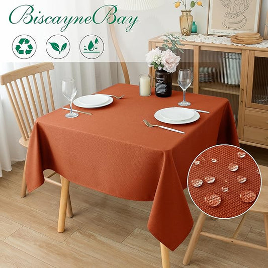 Biscaynebay Fall Tablecloth Textured Fabric Square Tablecloths 70x70 Inch, Rust Thanksgiving Autumn Harvest Water Resistant Fabric Tablecloths for Kitchen, Dining, Wedding, Parties Machine Washable