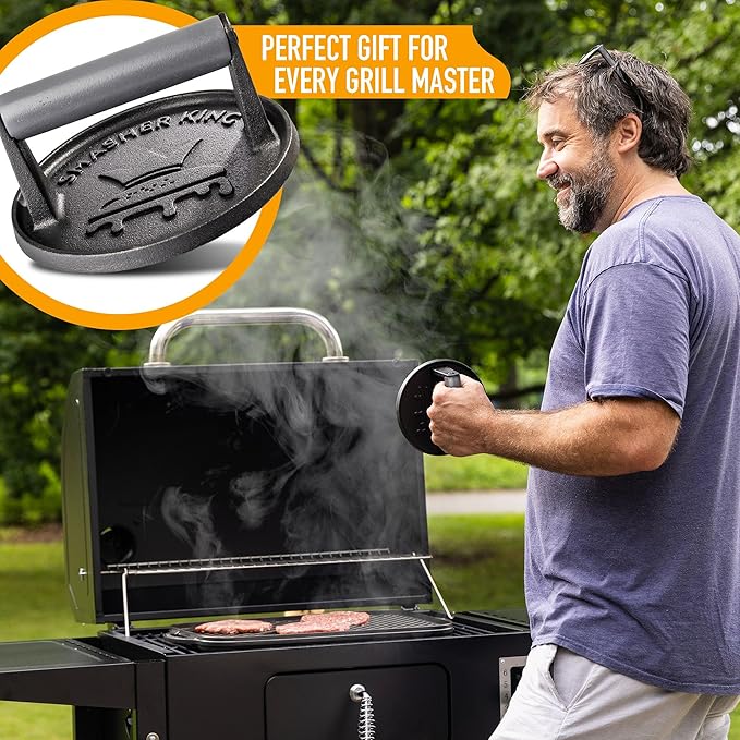 SMASHER KING™ - Smash Burger Press - Cast Iron Burger Smasher And Hamburger Patty Maker - Smash Burger Kit With 25 Sheets Of Paper - Grill Press And Steak Weight For Heavy Meat Smasher Cooking Results