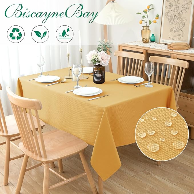 Biscaynebay Fall Tablecloth Textured Fabric 90x132 Inch Rectangular, Fall Gold Thanksgiving Autumn Harvest Water Resistant Fabric Tablecloths for Kitchen, Dining, Wedding, Parties Machine Washable
