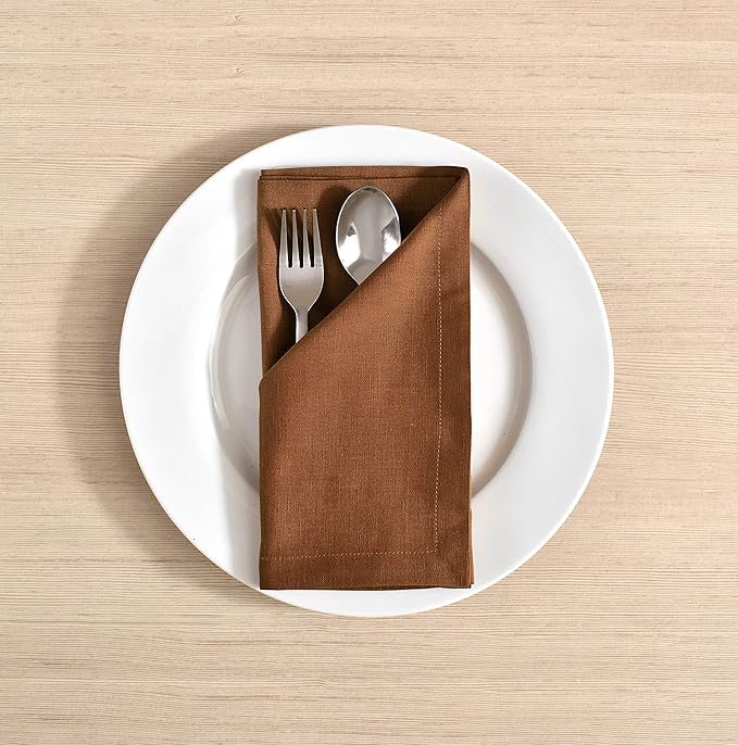Fingercraft Cloth Napkins Set of 12, Cotton Linen Blend Napkins Cloth Washable Premium Quality Parties, Weddings, Mitered Dinner Napkin for Home Parties Christmas Thanksgiving 18x18 in Brown