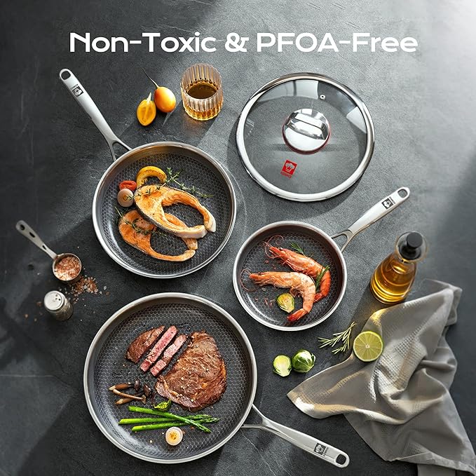 KOBACH 8+10+12 inch Nonstick Frying Pan Set-3 Piece Hybrid Pans Set Nonstick Stainless Steel Skillet Set, Dishwasher & Oven Safe, Compatible with Induction & Gas Stoves, PFOA Free Cookware set
