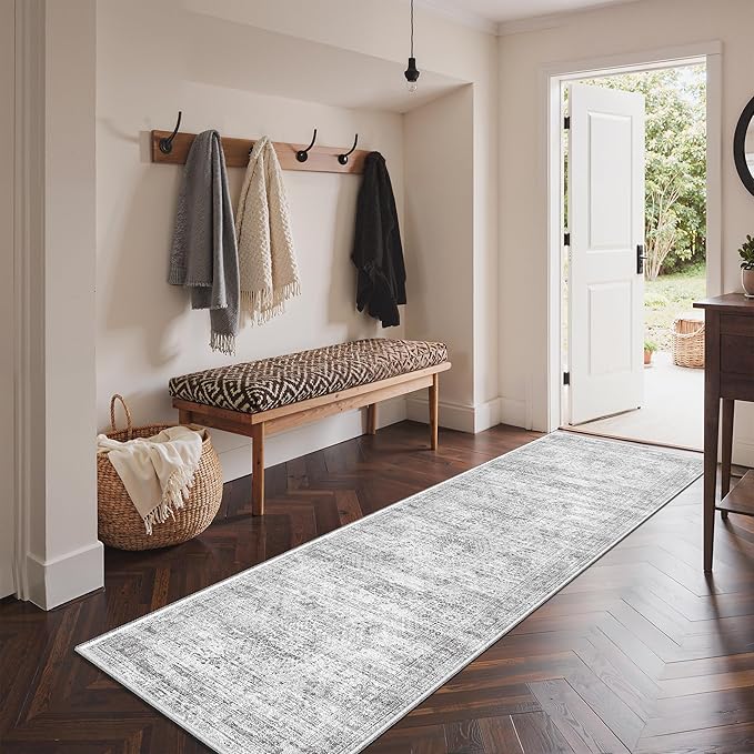 3x6 Runner Rug Non Slip, Thin Entryway Washable Rug for Entryway, Runners for Hallways, Low Pile Vintage Abstract Soft Rugs for Living Room, Kitchen, Bedroom (3'x6', Grey/Ivory)