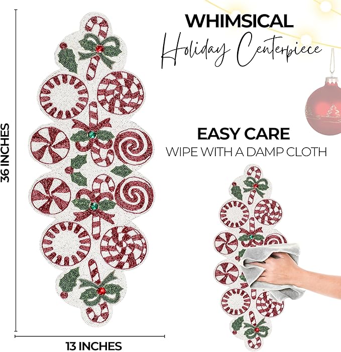 Luxury Beaded Runner 36 inch- Premium 13x36 Inch Candy Beaded & Polyester Christmas Beaded Runner - Decor for Home, Dining Tables, Weddings & Holiday Celebrations (White Red Green) - ALPHA Living HOME