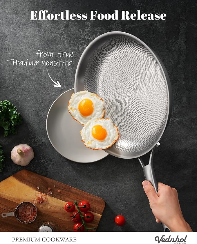 Titanium Pans set, 8+10+12Inch Pure Titanium Hammered Pro with Two Lids, Non Stick Skillet for Cooking, Non-Toxic, PFAS/PFOA/PTFE Free Cookware, Dishwasher&Oven Safe, Kitchen Induction Compatible