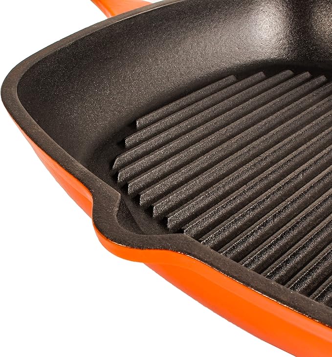Berghoff Neo 2Pc Enameled Cast Iron Grill Set, Grill Pan 11 inches, Bacon/Steak Press 8 inches, Fast, Evenly Heat, Oven safe (Orange)