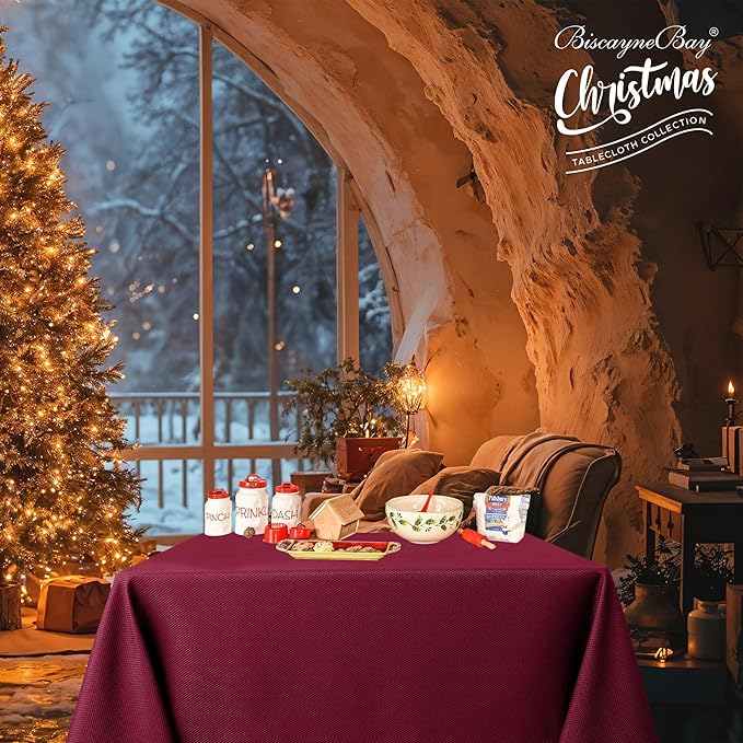 Biscaynebay Textured Fabric Christmas Square Table Cloth 60x60 Square, Burgundy Water Resistant Tablecloths for Dining, Kitchen, Wedding, Parties etc. Machine Washable