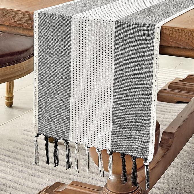 Wracra Linen Table Runner, Farmhouse Macrame Table Runners 72 Inches Long for Dining Table Decor, Wedding, Party and Dresser Decor (Black,72")