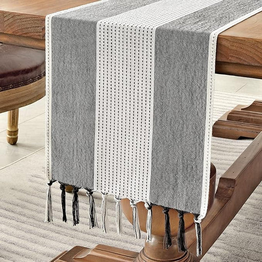 Wracra Linen Table Runner, Farmhouse Macrame Table Runners 72 Inches Long for Dining Table Decor, Wedding, Party and Dresser Decor (Black,72")