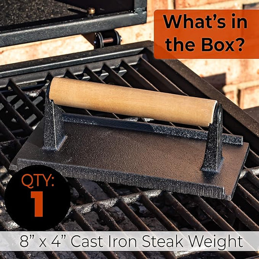 Versatile Safe-Touch 8x4in Cast Iron Grill Weight 1pc. Perfect Meat Press With Wooden Handle for Crispy Bacon Evenly Cooked Steak and Healthier Burgers. Great for Flat Top, Oven, Griddle and Skillet.
