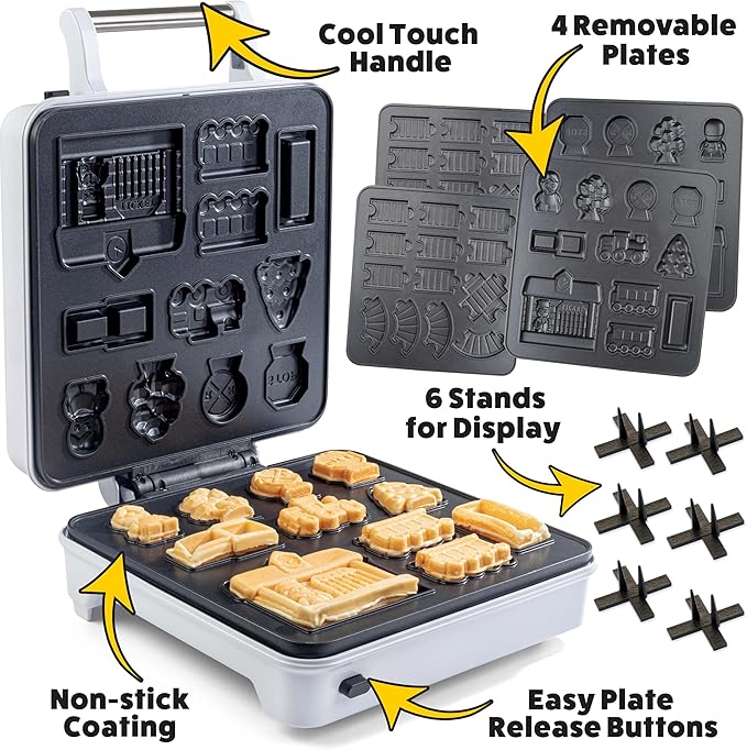Train Set Waffle Maker – Build Track & Cargo Car Shaped Mini Waffles – Electric Non-Stick Plates, Dishwasher-Safe Removable Inserts for Kids Morning Breakfast, Pancakes, Snack, Family Fun Gift & Play!