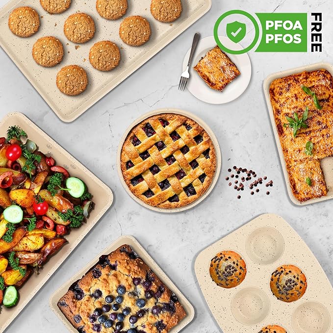 NutriChef 8-Piece Stackable Bakeware Set - Carbon Steel Non-Stick Baking Pan Set, Sheet, Muffin, Round, Loaf, Square Cake & Deep Pans, 450°F Heat Resistant, Standard & Convection Ovens (Marble Cream)
