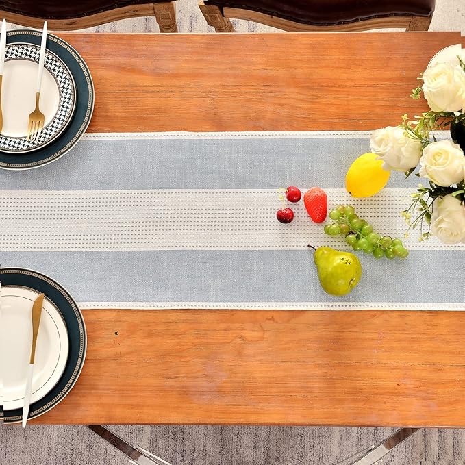 Wracra Linen Table Runner, Farmhouse Macrame Table Runners 108 Inches Long for Dining Table Decor, Wedding, Party and Dresser Decor (Blue,108")