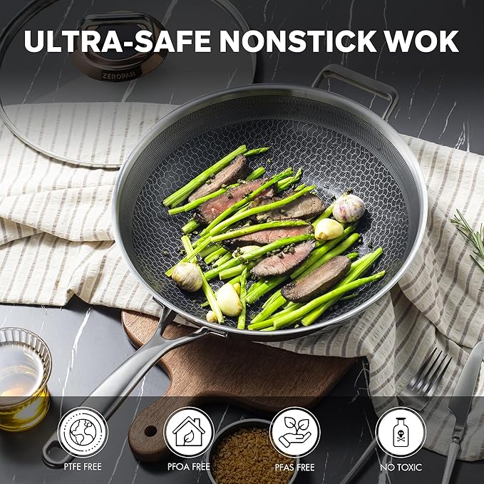 ZEROPAN Hybrid 12-Inch Wok with Lid,Nonstick Stainless Steel Woks & Stir-fry pans,Wok Pan,PFAS PFOA PTFE Free,Dishwasher-Friendly,Oven-Safe Up to 600°F,Compatible with All Cooktops