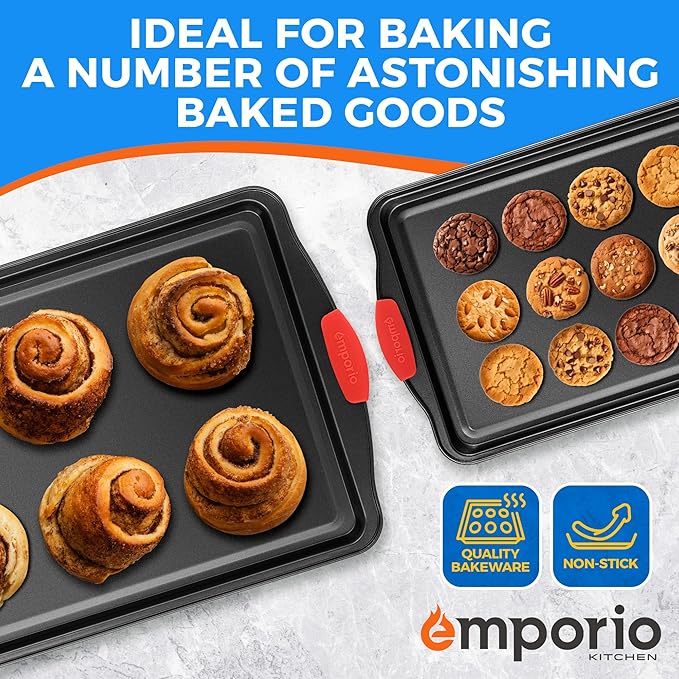 Emporio Kitchen Baking Pan Set - Nonstick Coating, Carbon Steel Bakeware Set with Red Silicone Handles, PFOA, PFOS, PTFE Free, Recipe Booklet Included, Oven Safe Tray (Up To 450° F), Set of 3 - Black