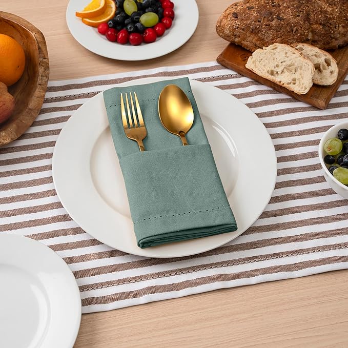 Blue Needles Set of 12 Hemstitch Linen Napkins 100% Cotton Hunter Green Cloth Dinner Napkins 18x18 inches, Soft, Reusable Absorbent Washable, Ideal for Wedding Events, Parties & Everyday Use