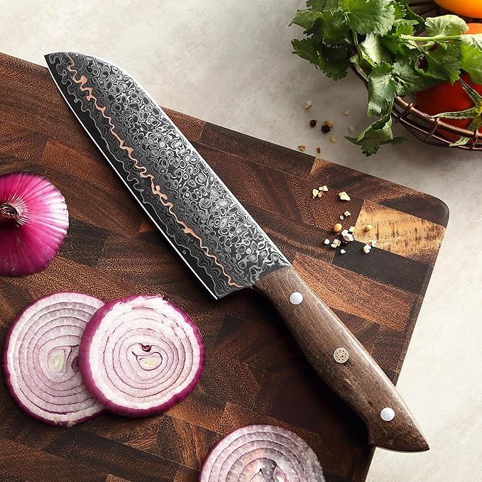 Wakoli Kawa Santoku Knife, 7.1-Inch Blade Damascus Chef Knife | 67-Layer Damascus Steel with VG10 Core | Copper Inlay | Maple Stabilized Wood Handle | Professional Kitchen Knife