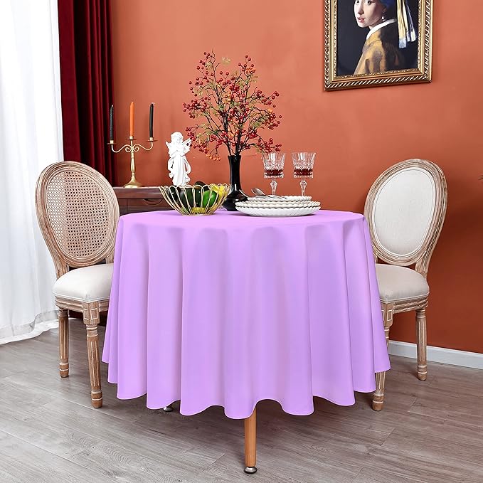 MEANMOY Light Purple 210 GSM Water & Stain Resistant Round Tablecloth for Circle Table - Solid 60 Inch Lavender Table Cloth Cover in Wrinkle Free Durable Washable Polyester Fabric for Party, Banquet