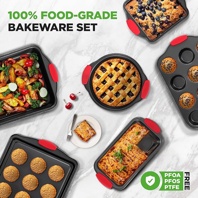 NutriChef Baking Set - 6 Piece Bakeware with Nonstick Carbon Steel for Easy Release and Cleanup, Durable and Versatile Design, Includes Cookie Sheet, Loaf Pan, Muffin Tin & More