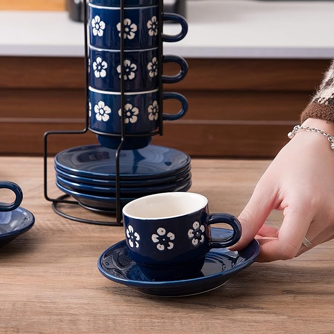 6-pieces Espresso Cups with Saucers and Metal Stand Stoneware Cup & Saucer Sets, Stackable espresso mugs, 4oz coffee cups set, Set of 6, Blue