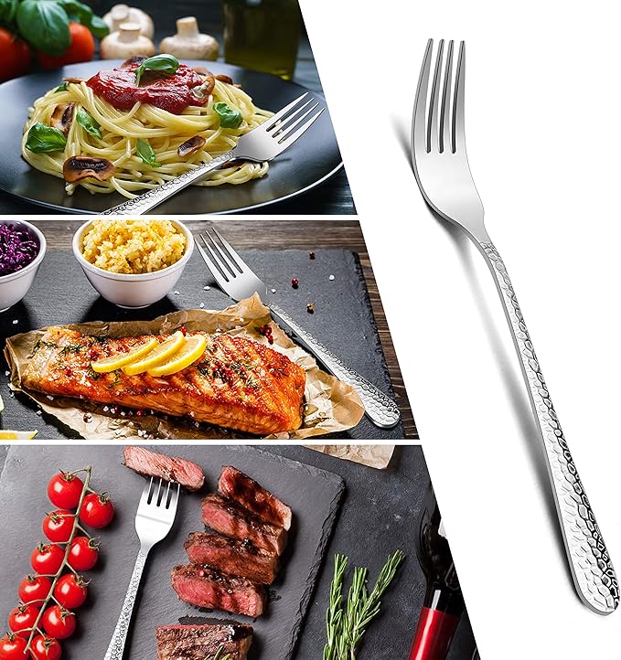 E-far 12-Piece Stainless Steel Hammered Dinner Forks Set, Salad Flatware Forks Use for Home, Kitchen, Restaurant, Round Edge & Mirror Polished, Dishwasher safe - 7.9 Inches