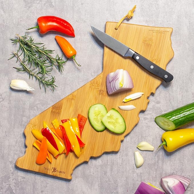 Totally Bamboo California State Shaped Cutting Board and Charcuterie Serving Platter with Artwork by Summer Stokes, Includes Hang Tie for Wall Display 11" x 14-1/4" x 5/8"