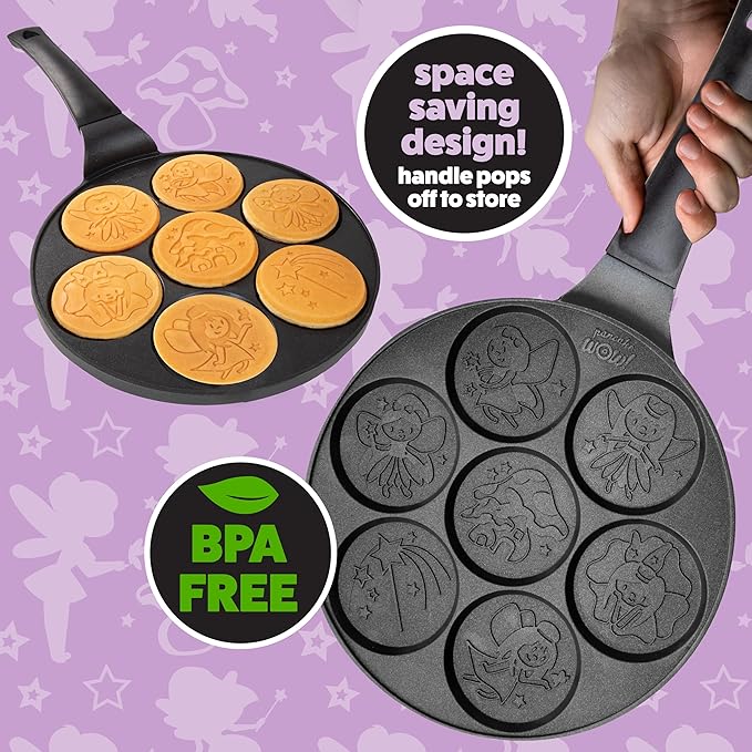 Fairy Friends Mini Pancake Pan - Make 7 Unique Flapjacks- Nonstick Griddle for Breakfast Princess Magic & Quick Easy Cleanup- Adorable and Bite Sized, Easter Basket Stuffer Gift for Kids, Girls & Boys