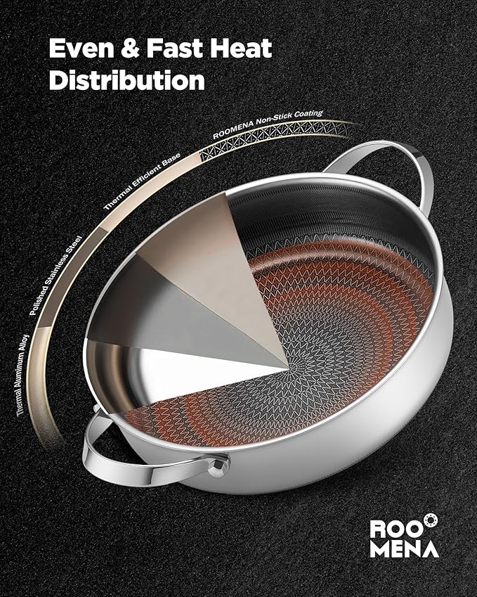 Roomena Saute Pan with Lid, Hybrid Ceramic Nonstick 12 Inch 5-Quart Tri-Ply Stainless Steel Everyday Pan, PFAS/PFOA/PTFE Free, Metal Utensil Safe, Dishwasher & Oven Safe, Induction Compatible