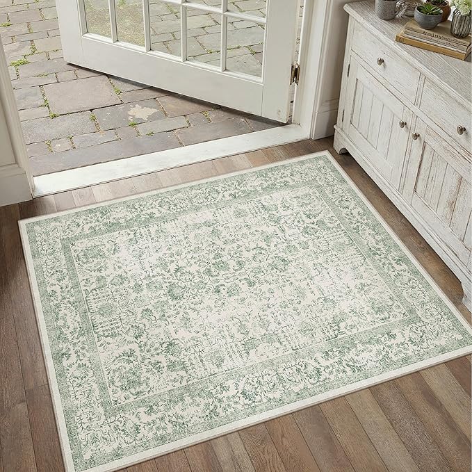 Sage Green Area Rug 2x3 Washable Vintage Distressed Entryway Carpet Non Slip Neutral Door Mat Low Pile Retro Floral Farmhouse Accent Throw Small Rug for Bathroom Laundry Kitchen Dining Room