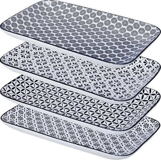 LEHAHA Serving Platters Set of 4, 12" Inch Rectangular Tray, Serving Dishes for Entertaining, Ceramic Serving Trays for Serving Food for Party and Cookies, Microwave & Dishwasher Safe, Black