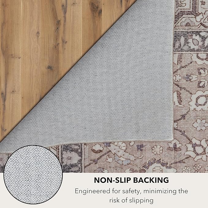 Kuden 2'6"x12 Runner Rug, Machine Washable Area Rug with Non-Slip Backing, Vintage Style, Soft, Easy Clean, Low Pile Rug for Hallway, Entryway, Kitchen, Bedroom