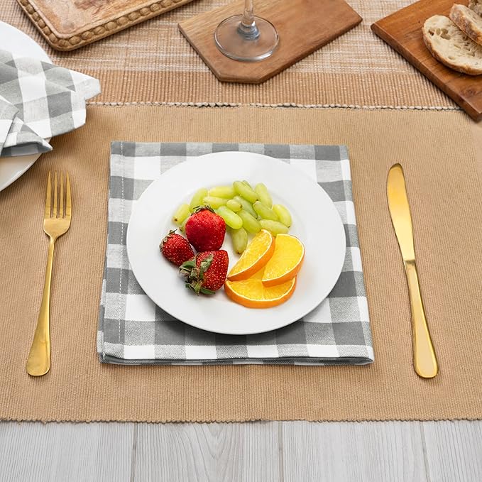 Blue Needles Gingham Buffalo Plaid Cloth Napkins 100% Cotton Set of 12 Dinner Table Napkins 18x18 inch Soft, Reusable, Washable Perfect for Wedding Parties & Everyday Use - Ash Grey & White