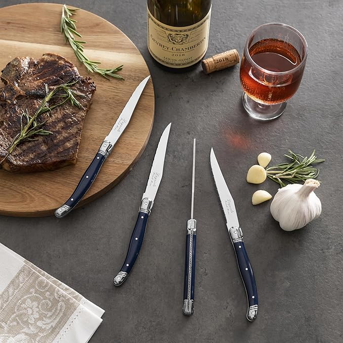 French Home Laguiole Connoisseur 4-Piece Steak Knife Set – Stainless Steel with Navy Blue Handles, Etched Detailing & Napoleon Bee Emblem – Serrated Knives for Smooth Cutting (9.25")