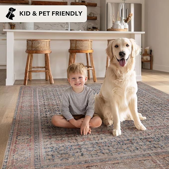 Kuden 2'6"x12 Runner Rug, Machine Washable Area Rug with Non-Slip Backing, Vintage Style, Soft, Easy Clean, Low Pile Rug for Hallway, Entryway, Kitchen, Bedroom