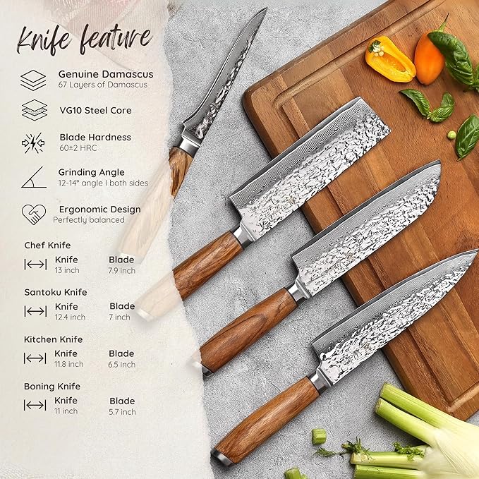 Wakoli Damascus Knife Block Set – 4-Piece Professional Kitchen Knives with Magnetic Block – Kitchen Knife Set made of 67-Layer Damascus Steel Blades & Ergonomic Zebrawood Handles