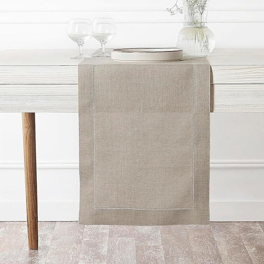 D'Moksha Homes Linen Natural Table Runner 60 Inches - Classic Hemstitch, 100% Pure Linen Coffee Table Runner 14 x 60 Inch Ideal for Dresser Tables, Valentines, Spring, Easter