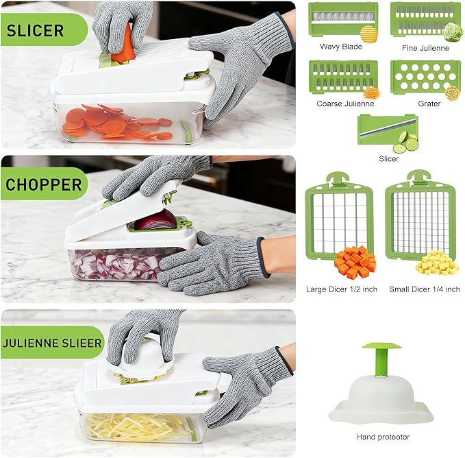 Multifunctional Mandoline Slicer with 7 Blades, Vegetable Chopper Food Cutter with Container, Onion Dicer Potato Grater Salad Prep Tool, Stainless Steel Kitchen Gadgets for Veggie Fruit (White)