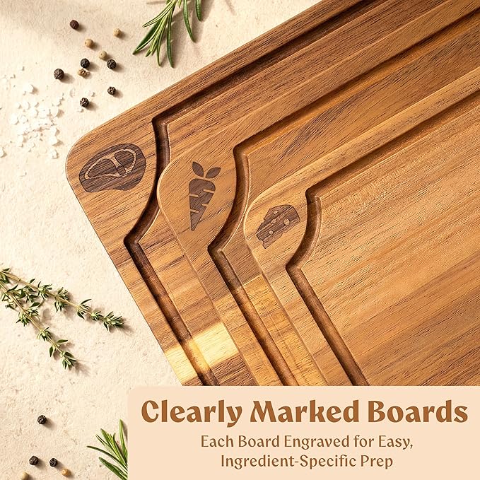 Non Toxic Cutting Boards for Kitchen - Beeswax Finished Acacia Wood Chopping Board Set of 3 (15.7x12,13x9.4,10x7 in) (Acacia Wood, 3 Pack Beeswax Finish - without Stand)
