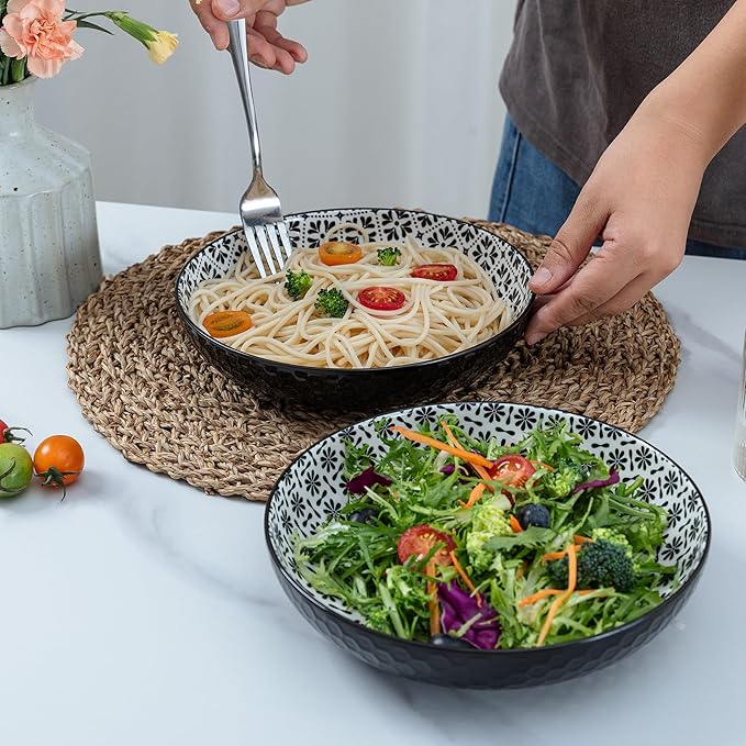 LEHAHA Ceramic Pasta Bowls Set of 4, 8.25" Large Porcelain Salad Bowls Soup Bowl for Serving Soup, Pasta, Noodle, Dinner, Large Kitchen Bowl Plates, Microwave & Dishwasher Safe,Black