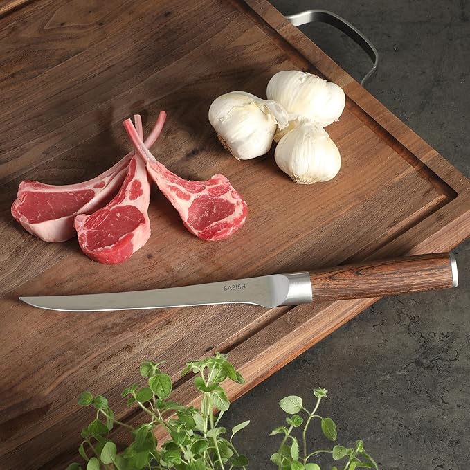 Babish 1.4116 German Stainless Steel Boning & Fillet Knife with Dark Pakka Wood Handle – 6-Inch Full-Tang Flexible Kitchen Knife for Meat, Poultry, Fish & Precision Butchering