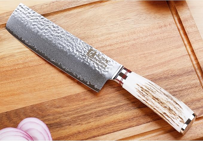 SUNLONG Usuba & Nakiri Knife 6.5 inch Fruit and Vegetable Knife Japanese Hammered Damascus Steel Super sharp - Natural Deer Horn Handle