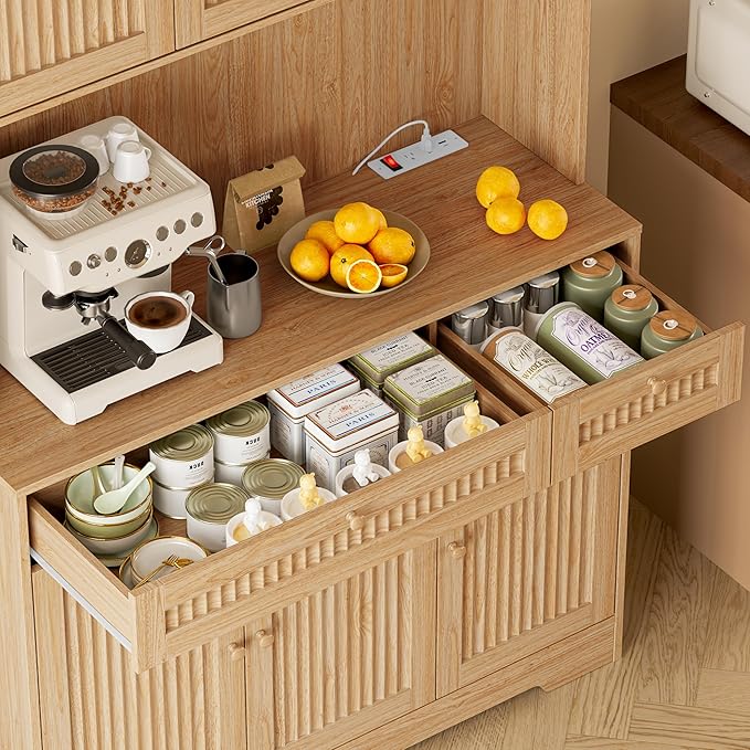 Pantry Cabinet with Charging Station and Light, Tall Kitchen Pantry Storage Cabinet with Microwave Stand, Wide Fluted Kitchen Hutch with Storage Drawers and Adjustable Shelves for Dining Room