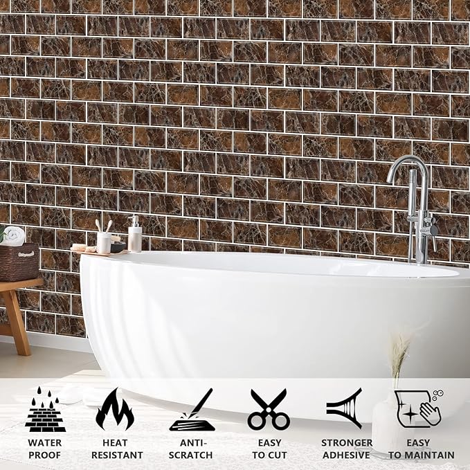 URCOLOR 10-Sheet Peel and Stick backsplash for Kitchen,12"x12" Self Adhesive Wall Tile on Back Splashes for Bathroom Brown Marble
