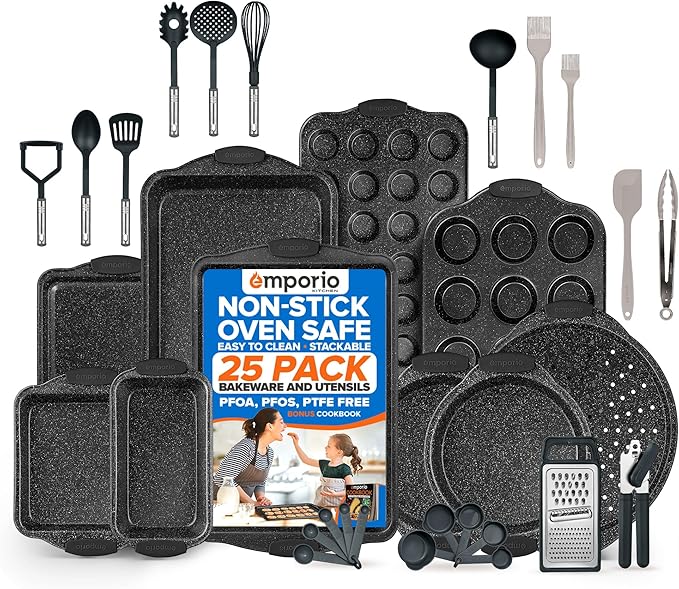 Emporio Kitchen Baking Pan Set - Nonstick Coating, Carbon Steel Bakeware Set with Gray Silicone Handles, PFOA, PFOS, PTFE Free, Recipe Booklet Included, Oven Safe Tray (Up To 450° F), Set of 25 - Gray