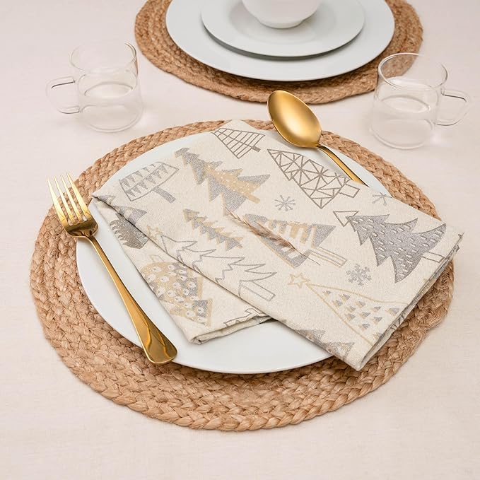 Blue Needles Set of 12 Christmas Buffalo Plaid Cloth Napkins - 100% Cotton Christmas Trees Gingham Checked Napkins 18 x 18 Inches, Soft, Reusable & Washable Ideal for Festive Parties and Decoration