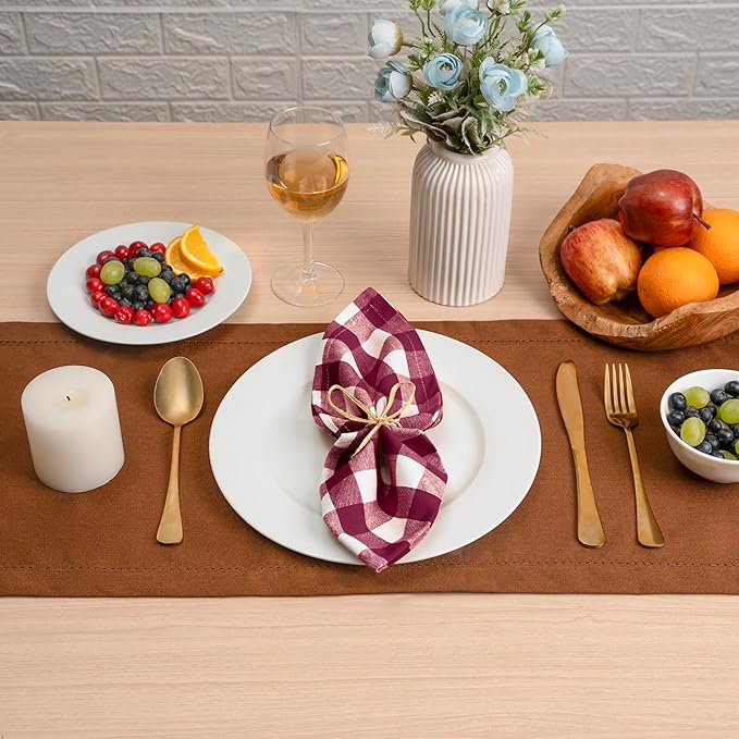 Blue Needles Gingham Buffalo Plaid Cloth Napkins 100% Cotton Set of 12 Dinner Table Napkins 18x18 inch Soft, Reusable, Washable, Ideal for Wedding Parties Everyday Use - Burgundy & Halfwhite