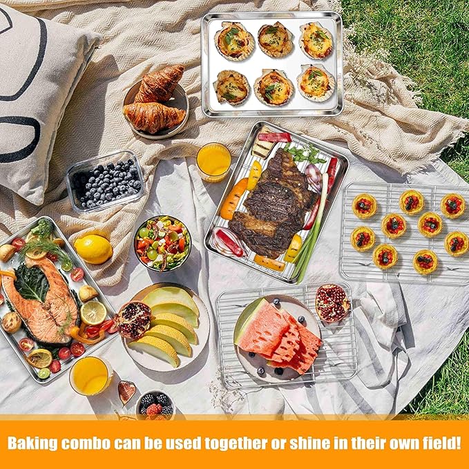 Homikit Baking Sheet with Rack, 9x13 Stainless Steel Quarter Sheet Pan with Wire Cooling Rack Set for Toaster Oven Roasting, Metal Bacon Cookie Trays Nonstick & Rust Free, Dishwasher Safe