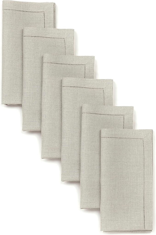 D'Moksha Homes Natural Linen Napkins Set of 6 - Classic Hemstitch 100% Pure Linen Hemstitch Dinner Napkins 20 x 20 Inch for Valentines, Spring, Easter - Handcrafted and Machine Washable