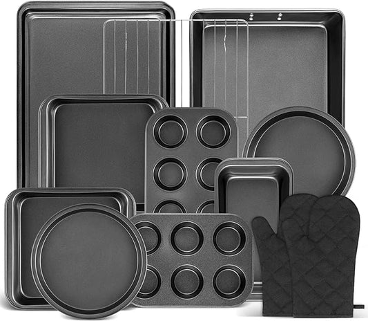Funnydin 12PCS Nonstick Baking Pans Set - Stackable Bakeware Sets with Wider Grip, Carbon Steel Baking Set Including Cookie Sheets for Baking, Muffin Pan, Loaf Pan, Cake pan, Roasting Pan, Oven Mitts